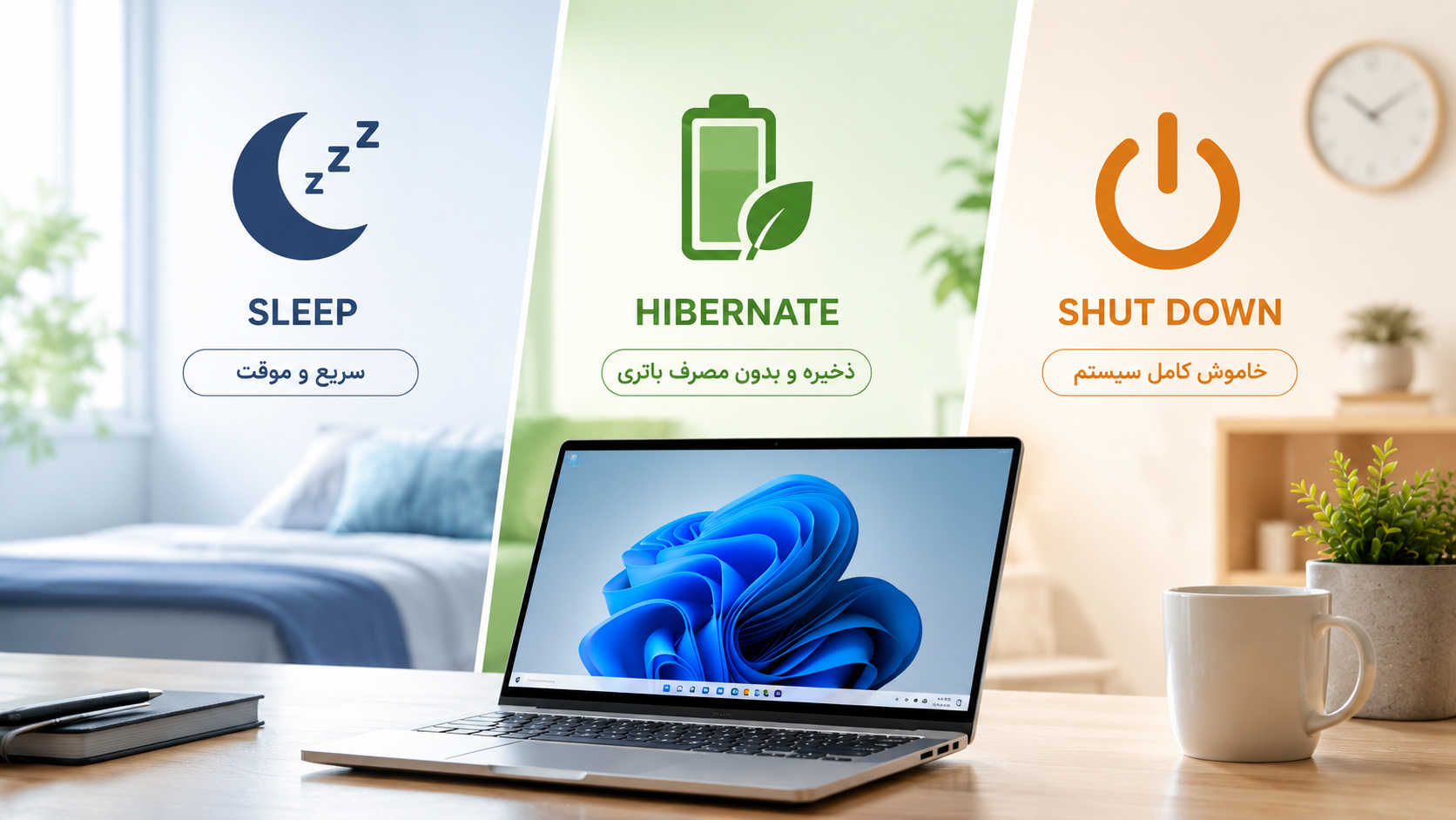 Sleep، Hibernate یا Shut Down؟ کدام گزینه واقعاً برای لپ‌تاپ شما بهتر است؟